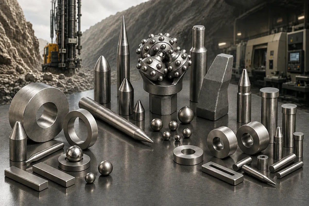 Range of Sonani tungsten carbide products including drill bit buttons, rings, cones, spheres, bars and wear parts, shown against a mining site and manufacturing plant